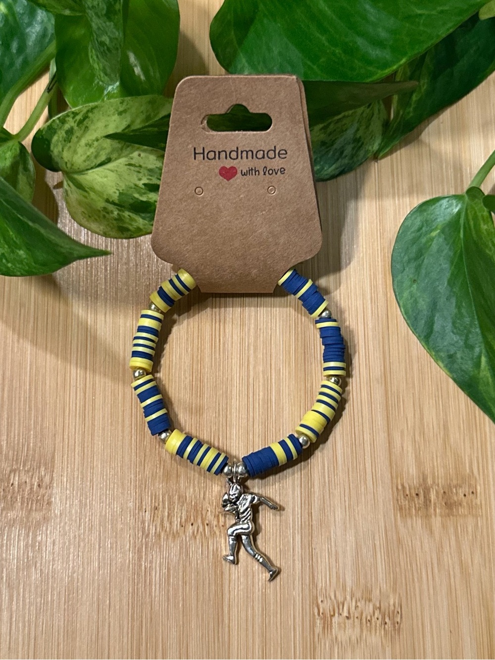 🏈✨ Football Stretchy Beaded Bracelet | Handmade | Silver Football Dangle Charm